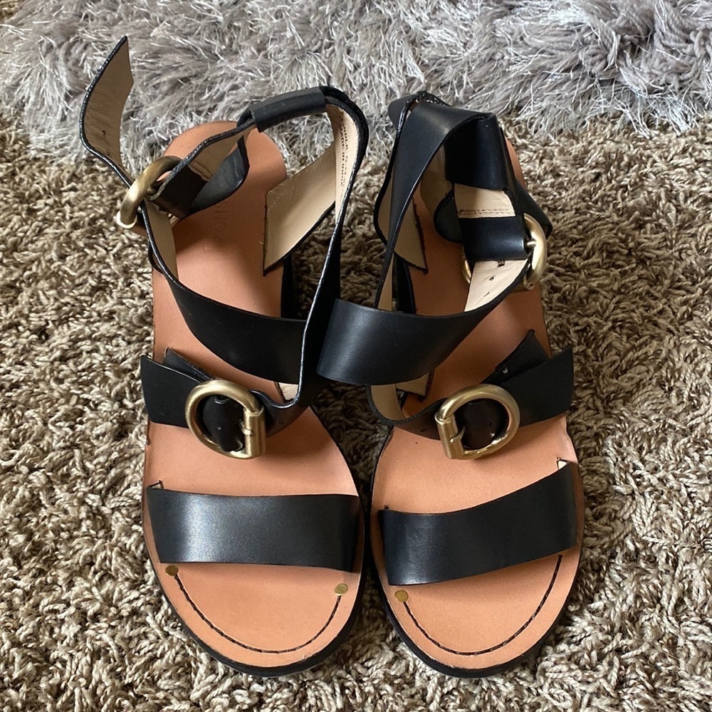 Topshop Summer Black Block Heel Strappy Sandals 8.5